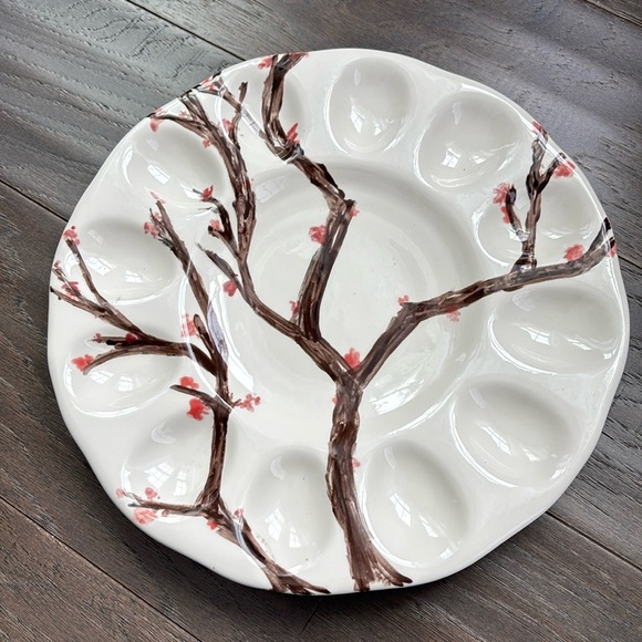 Hand Painted  Deviled Egg Ceramic Plate, tree branch cherry blossom flower buds - Picture 1 of 5